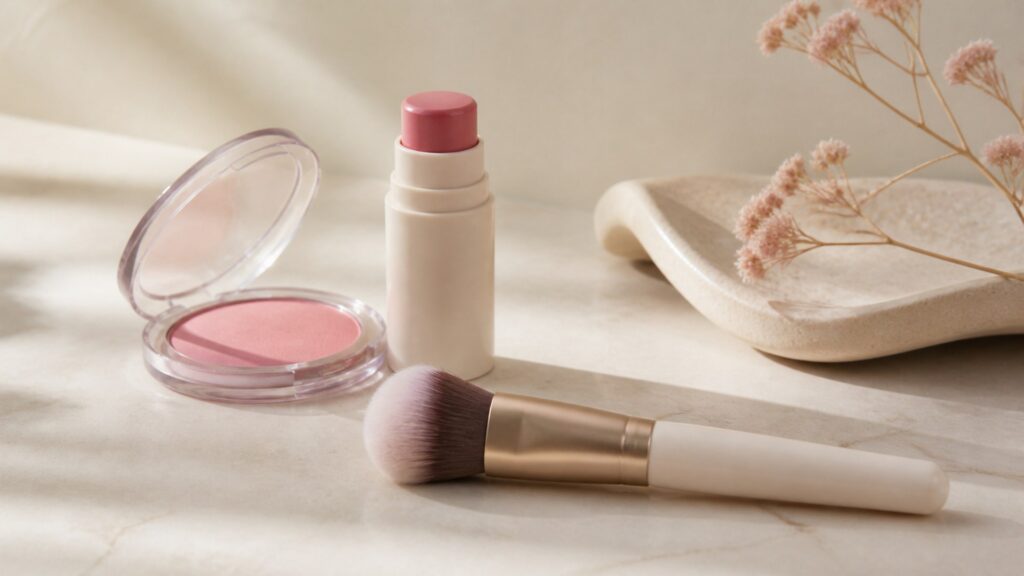 Unbranded editorial arrangement illustrating How to Choose Cheek Makeup for Beginner Routines