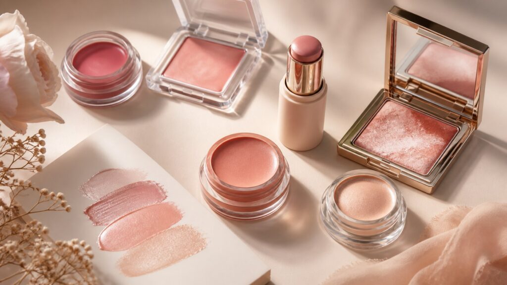 Unbranded editorial arrangement illustrating How to Choose Cheek Makeup for Mature Skin