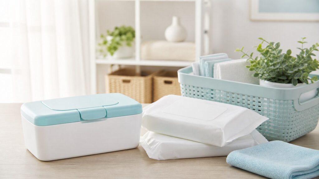 Unbranded cleansing wipes for caregiving products arranged for a careful buying comparison