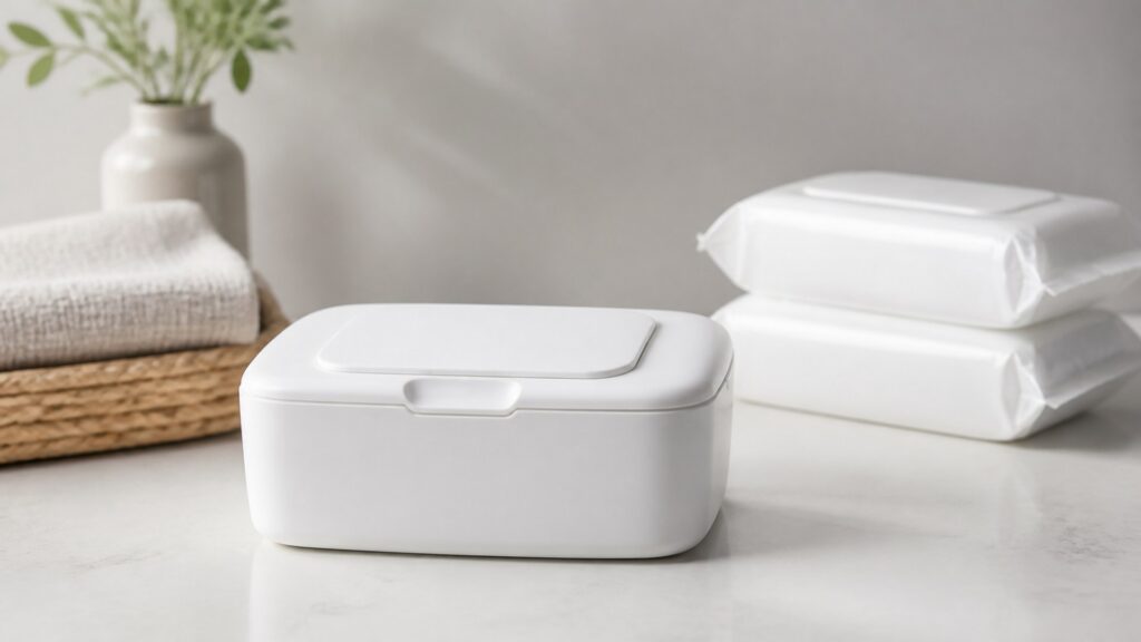 Unbranded cleansing wipes for caregiving products arranged for a careful buying comparison