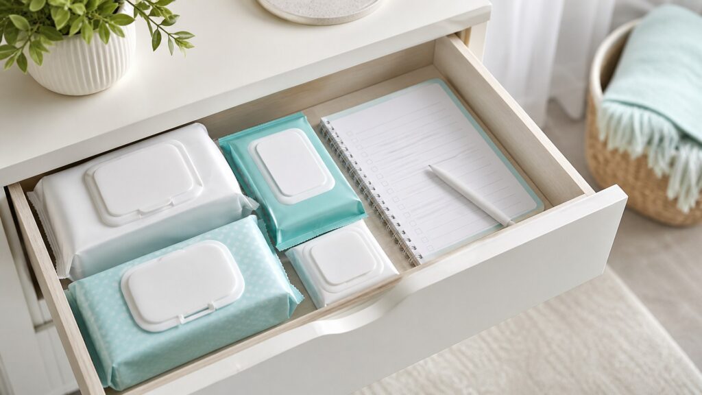 Unbranded cleansing wipes for caregiving products arranged for a careful buying comparison