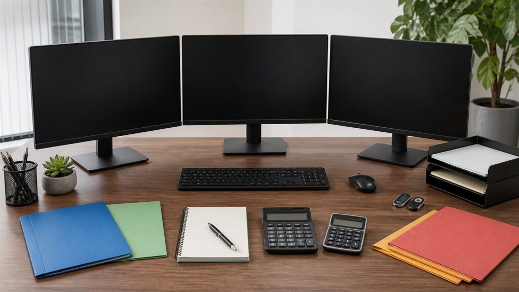 unbranded cloud accounting desk with blank ledger dashboards, bank reconciliation cards, receipt scanner, calculator, and closed finance folders for a multi-user finance teams buying decision