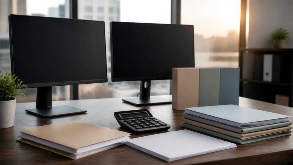 unbranded cloud accounting desk with blank ledger dashboards, bank reconciliation cards, receipt scanner, calculator, and closed finance folders for a year-end close planning buying decision
