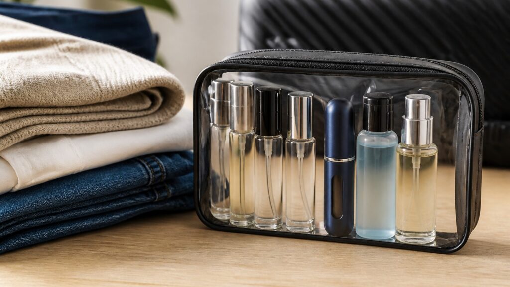Unbranded editorial arrangement illustrating How to Choose Cologne for Travel Sizes