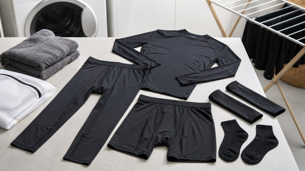 compression apparel for frequent washing arranged in a practical buyer guide scene