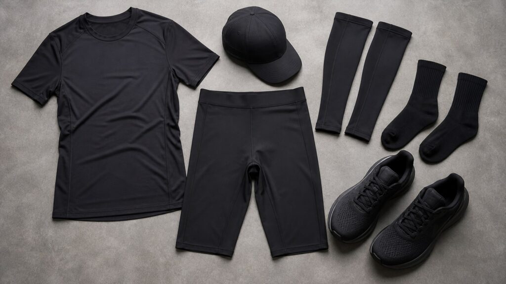 compression apparel for running workouts arranged in a practical buyer guide scene