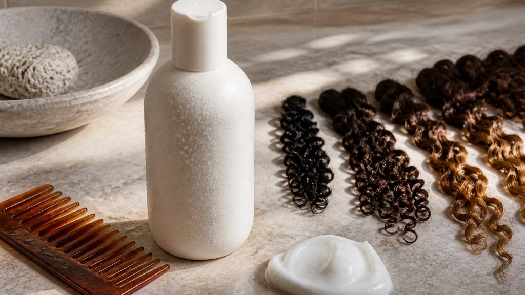 Unbranded editorial arrangement illustrating How to Choose Conditioner for Curly Hair
