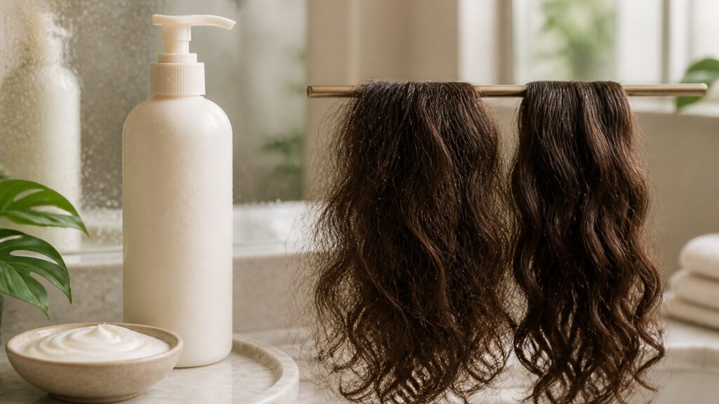 Unbranded editorial arrangement illustrating How to Choose Conditioner for Frizz Control