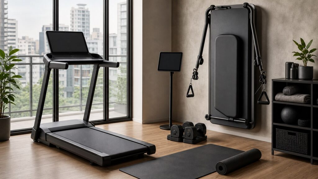connected gym equipment for home gyms arranged in a practical buyer guide scene
