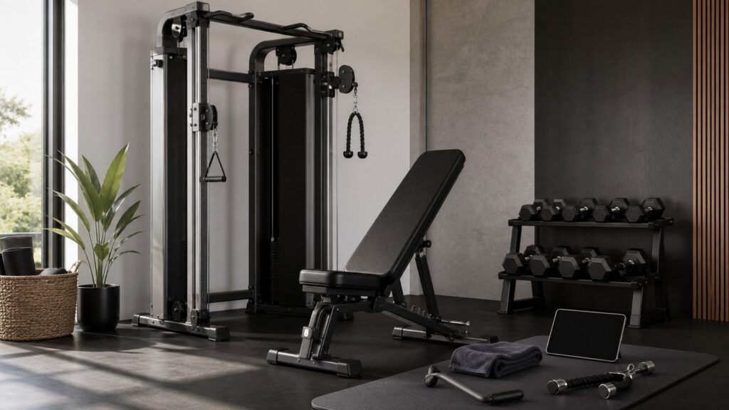 connected gym equipment for strength training arranged in a practical buyer guide scene