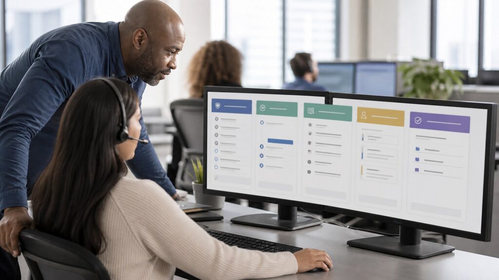 a contact center team lead observing an agent workflow with customer verification, knowledge, consultation, and follow-up stages displayed as abstract panels