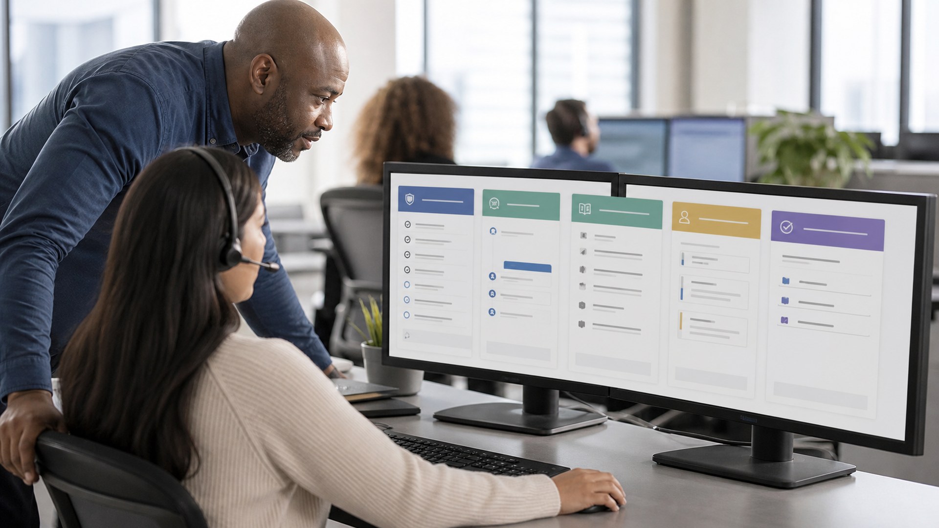 a contact center team lead observing an agent workflow with customer verification, knowledge, consultation, and follow-up stages displayed as abstract panels