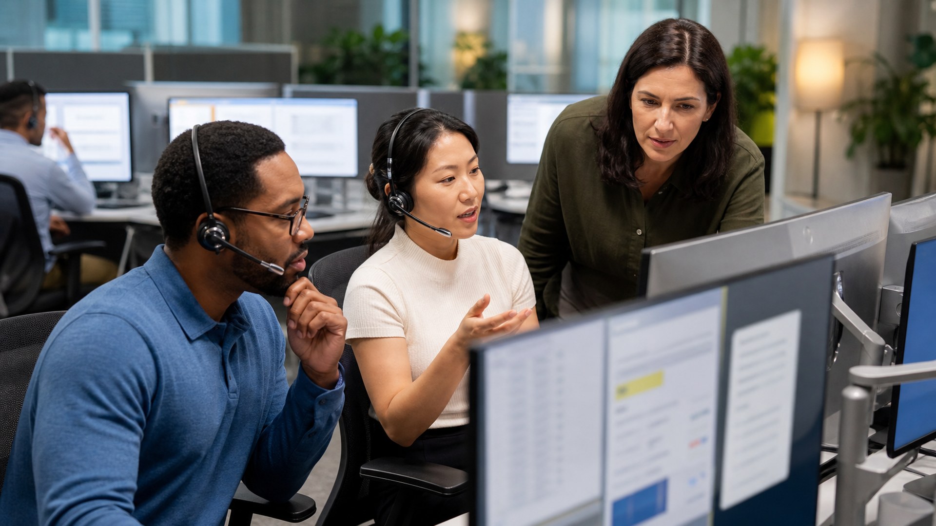 a customer support contact center team resolving a complex case with call context, knowledge, order history, and escalation steps shown on abstract screens
