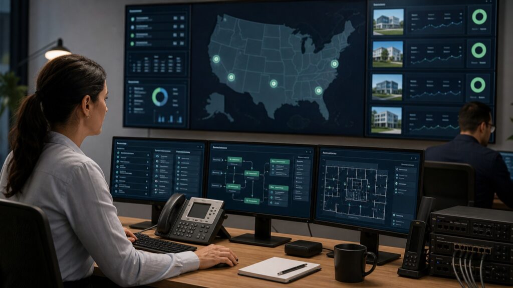 a unified communications manager coordinating phone numbers, queues, office maps, devices, and failover routes across several business locations