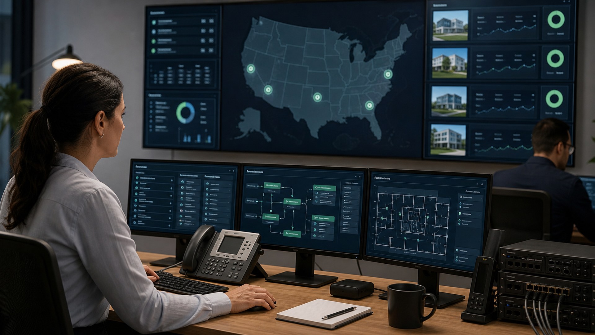 a unified communications manager coordinating phone numbers, queues, office maps, devices, and failover routes across several business locations