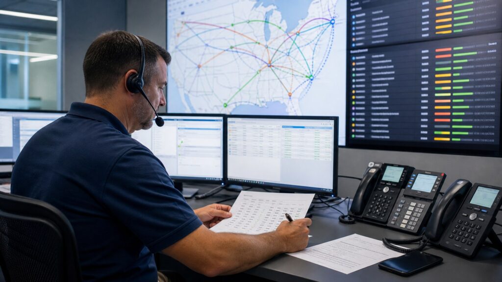 a telecom administrator reviewing a detailed number inventory, porting milestones, carrier routes, and cutover test calls in a network operations workspace