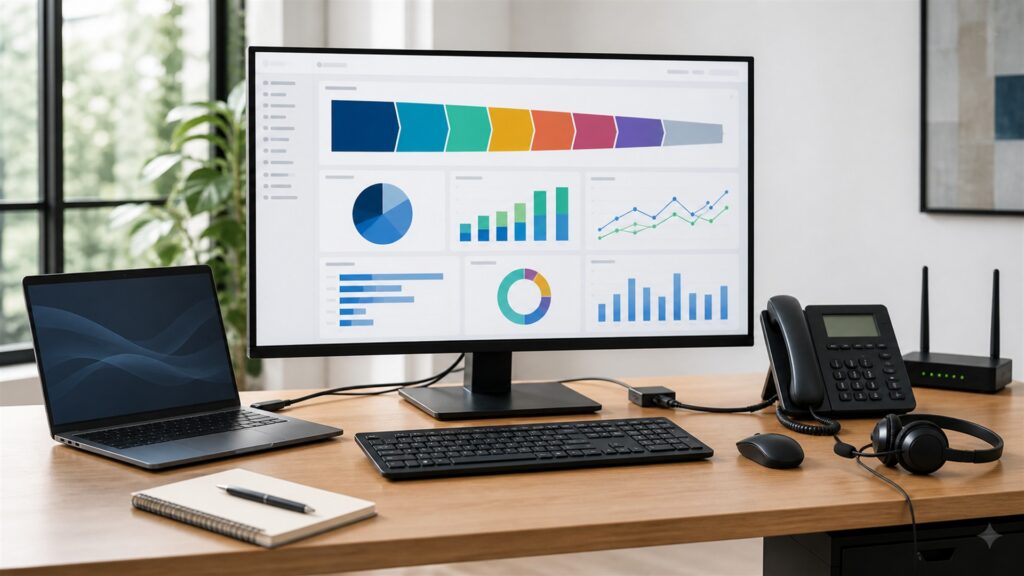 unbranded CRM workspace with blank desktop dashboard, customer record cards, smartphone, headset, and organized sales pipeline materials for a operational reporting buying decision