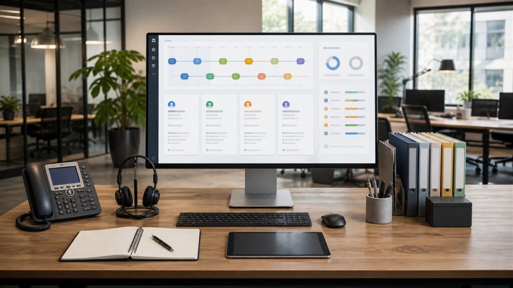 unbranded CRM workspace with blank desktop dashboard, customer record cards, smartphone, headset, and organized sales pipeline materials for a project delivery buying decision