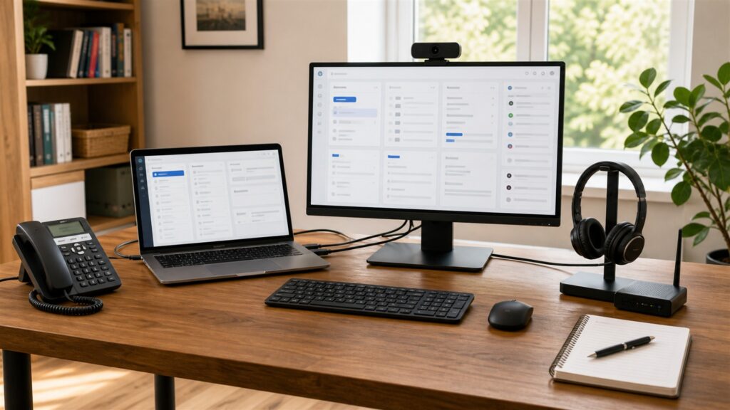 unbranded CRM workspace with blank desktop dashboard, customer record cards, smartphone, headset, and organized sales pipeline materials for a remote collaboration buying decision