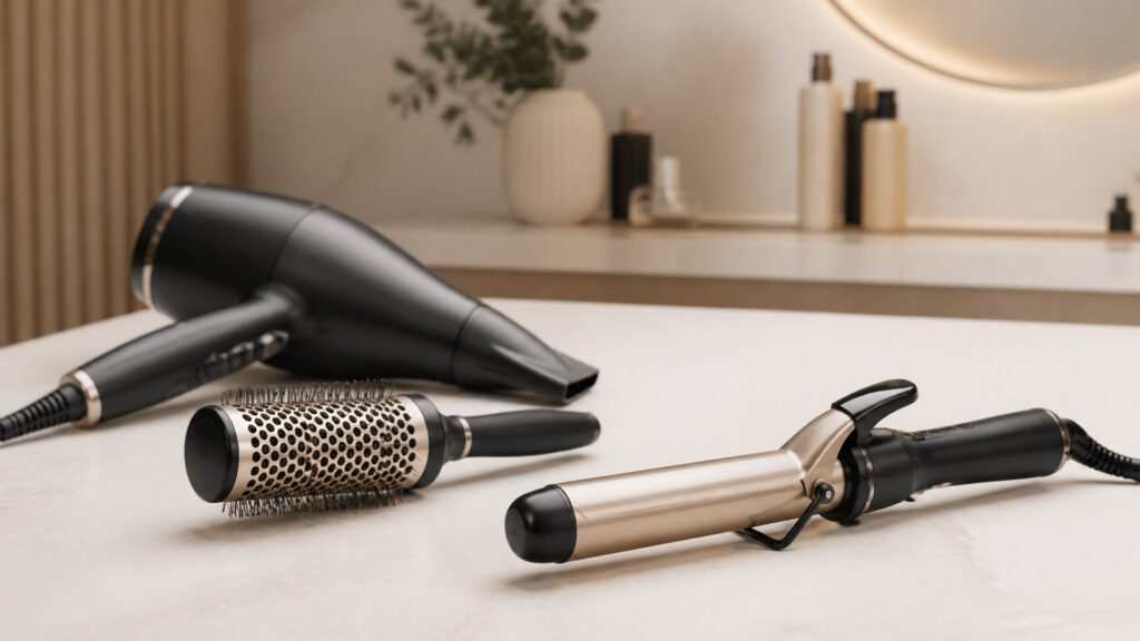 Unbranded editorial arrangement illustrating How to Choose Curling Tools for Salon-Style Blowouts
