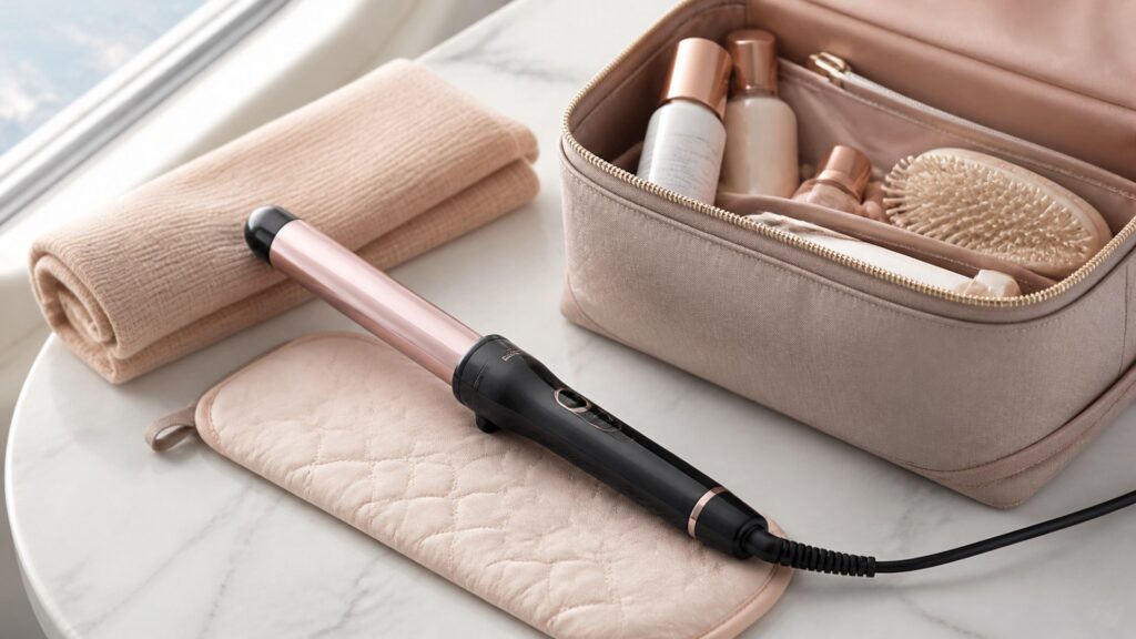 Unbranded editorial arrangement illustrating How to Choose Curling Tools for Travel Styling