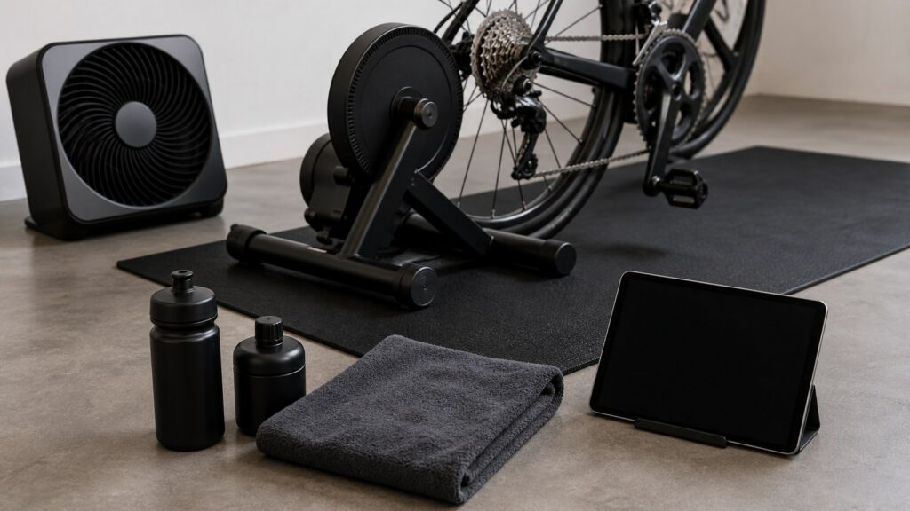 cycling accessories for indoor training arranged in a practical buyer guide scene