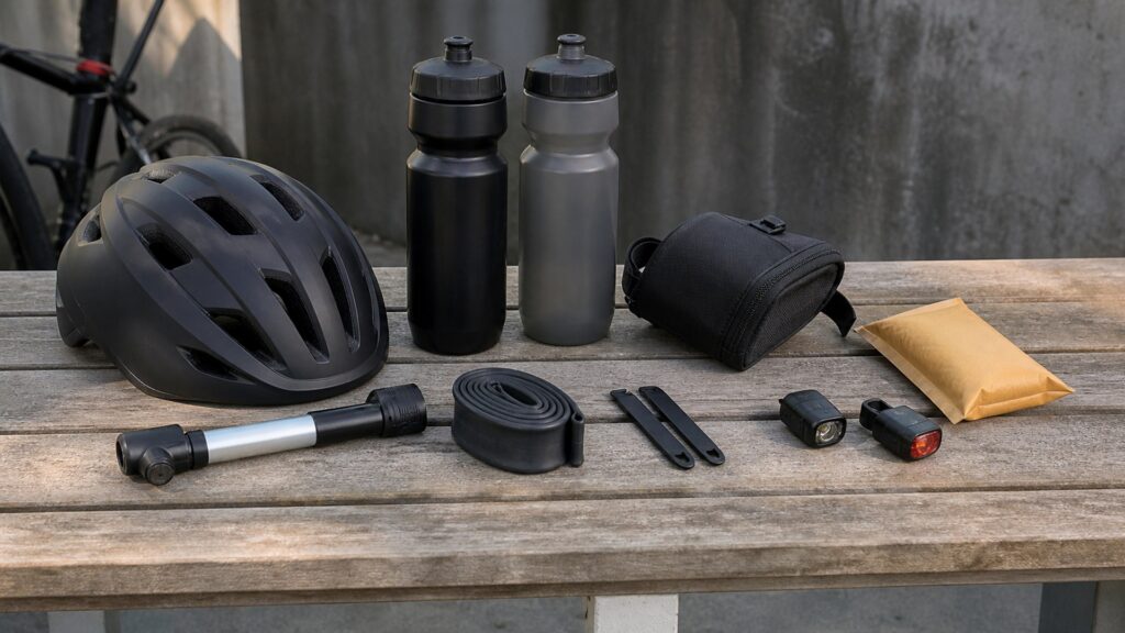 cycling accessories for long rides arranged in a practical buyer guide scene