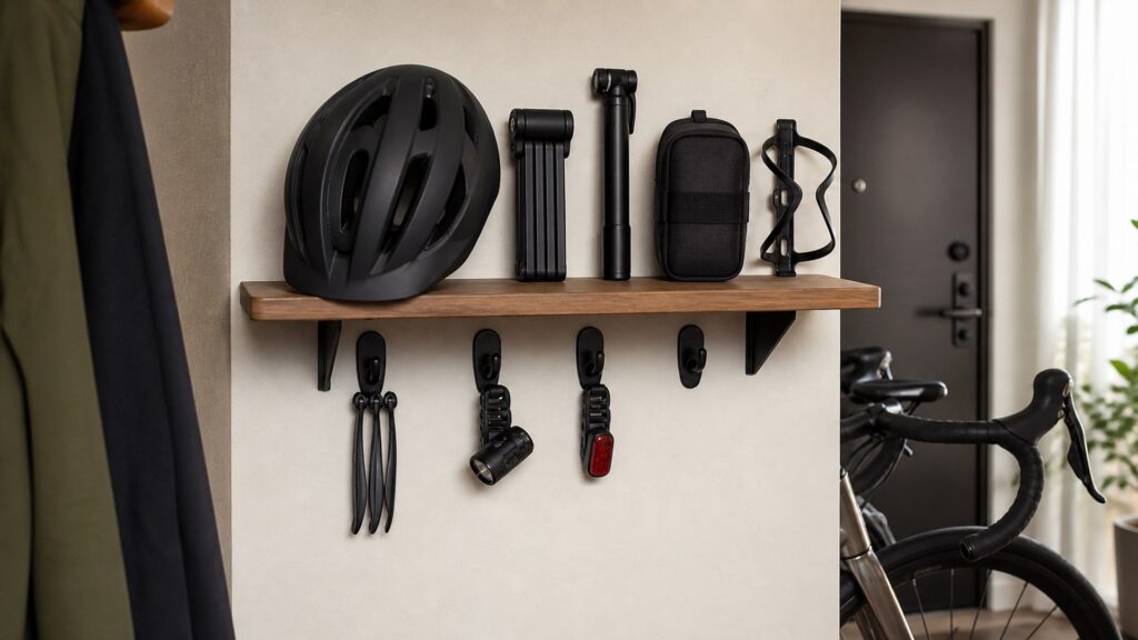 cycling accessories for storage space arranged in a practical buyer guide scene