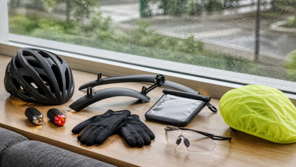 cycling accessories for weather changes arranged in a practical buyer guide scene