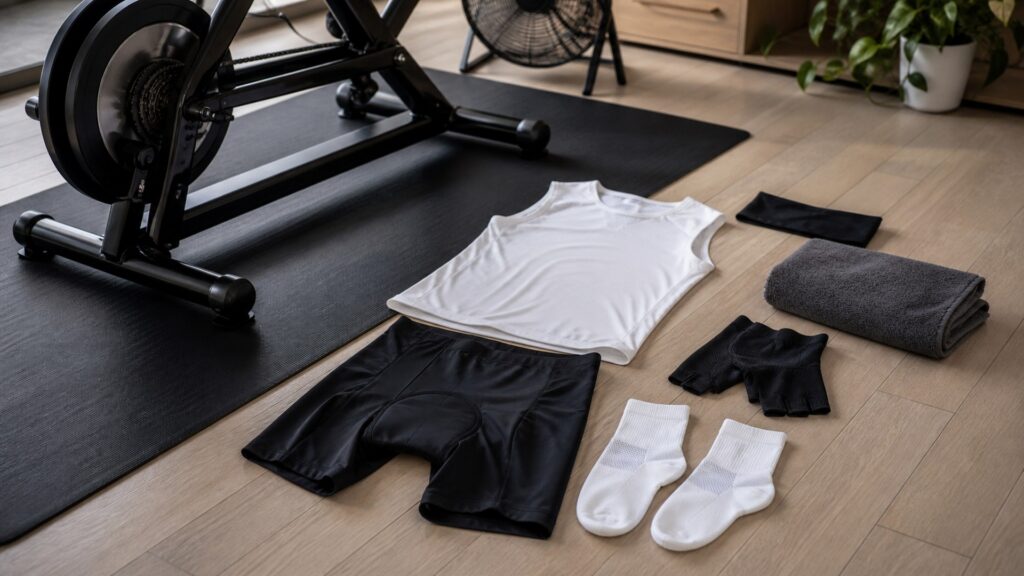 cycling apparel for indoor training arranged in a practical buyer guide scene