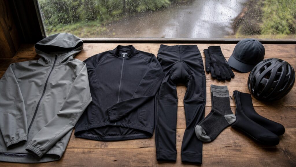 cycling apparel for weather changes arranged in a practical buyer guide scene