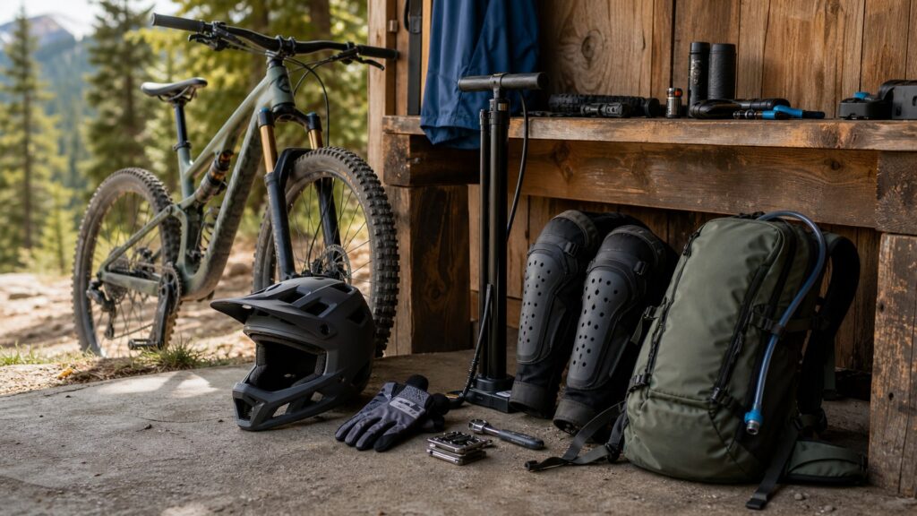 cycling gear for mountain bikers arranged in a practical buyer guide scene