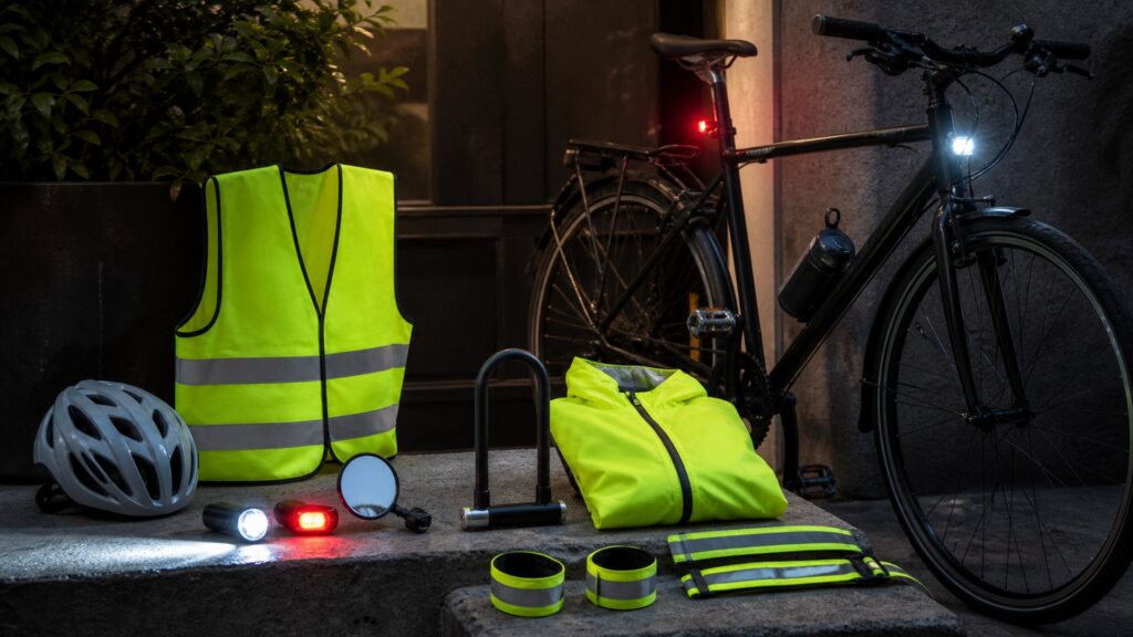 cycling gear for safety and visibility arranged in a practical buyer guide scene