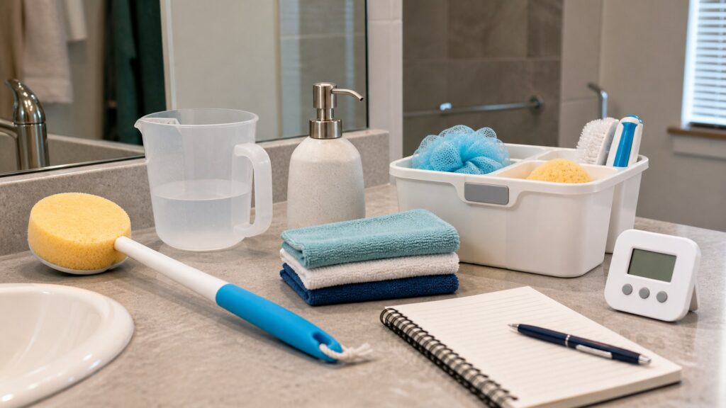 generic daily caregiving aids with reacher tool, grip aid, storage caddy, pill organizer, cleaning cloth, and notebook