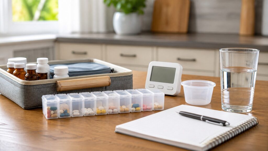 generic daily caregiving aids with reacher tool, grip aid, storage caddy, pill organizer, cleaning cloth, and notebook