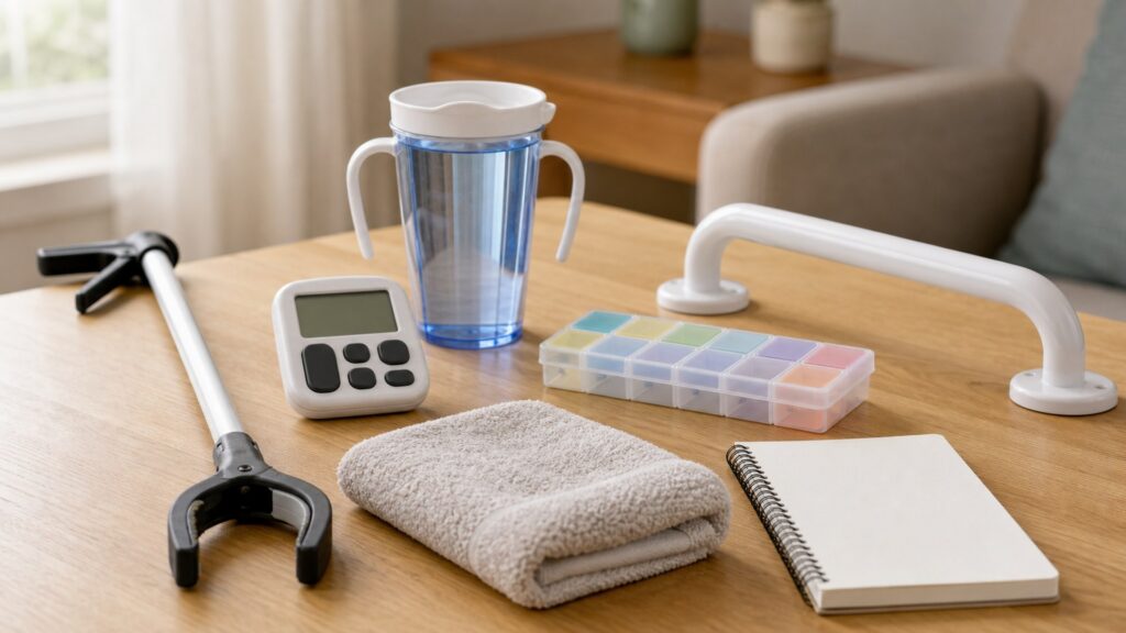 generic daily caregiving aids with reacher tool, grip aid, storage caddy, pill organizer, cleaning cloth, and notebook