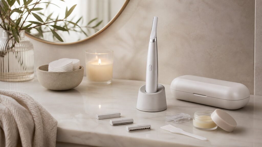 Unbranded dermaplaning devices arranged for a charging, cleaning, and storage buying guide