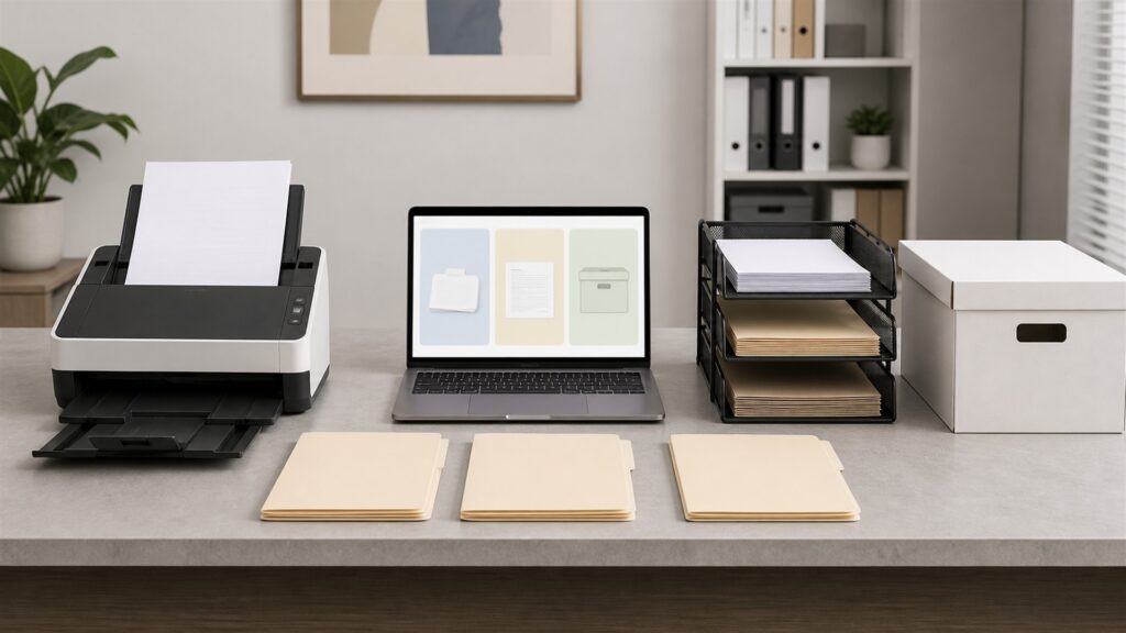 unbranded document management office with secure scanner, organized archive boxes, blank laptop dashboard, labeled-looking but blank folders, and file trays for a document workflows buying decision