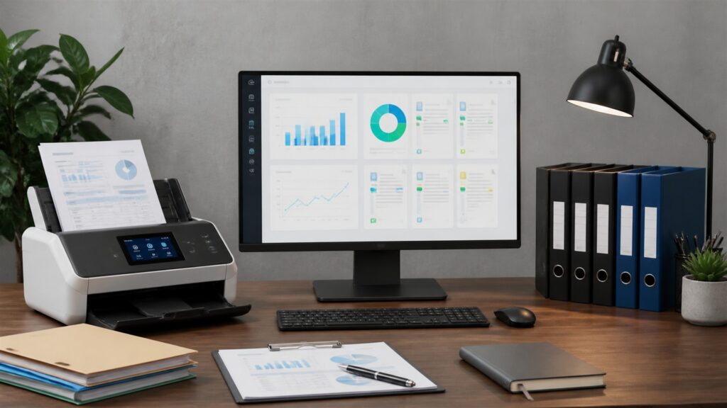 unbranded document management office with secure scanner, organized archive boxes, blank laptop dashboard, labeled-looking but blank folders, and file trays for a operational reporting buying decision