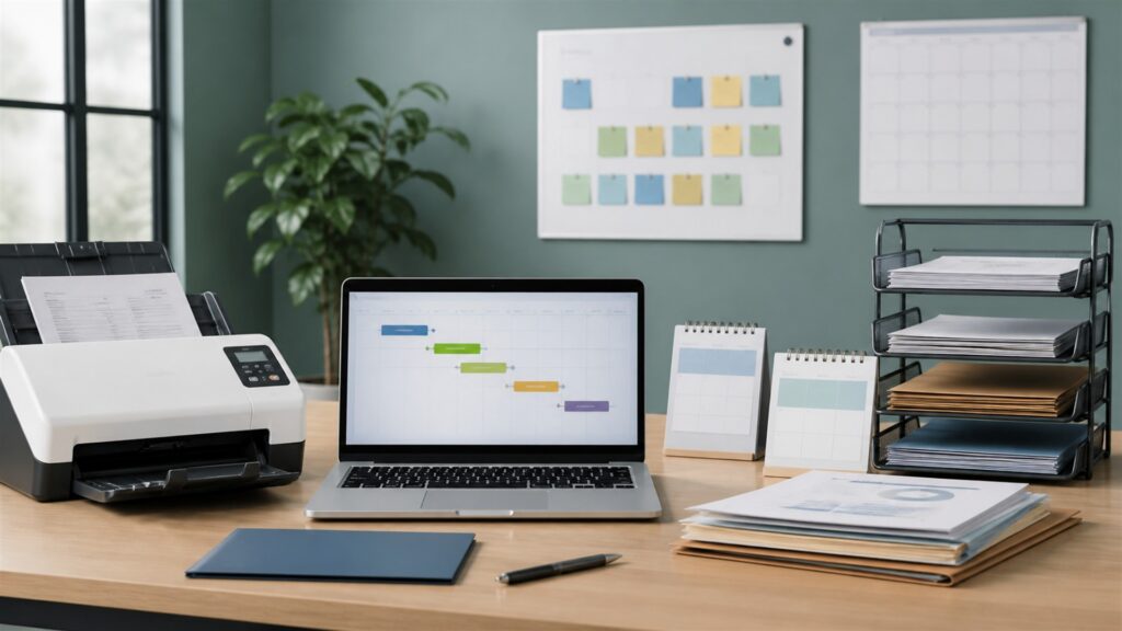 unbranded document management office with secure scanner, organized archive boxes, blank laptop dashboard, labeled-looking but blank folders, and file trays for a project delivery buying decision