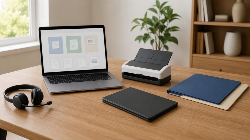 unbranded document management office with secure scanner, organized archive boxes, blank laptop dashboard, labeled-looking but blank folders, and file trays for a remote collaboration buying decision