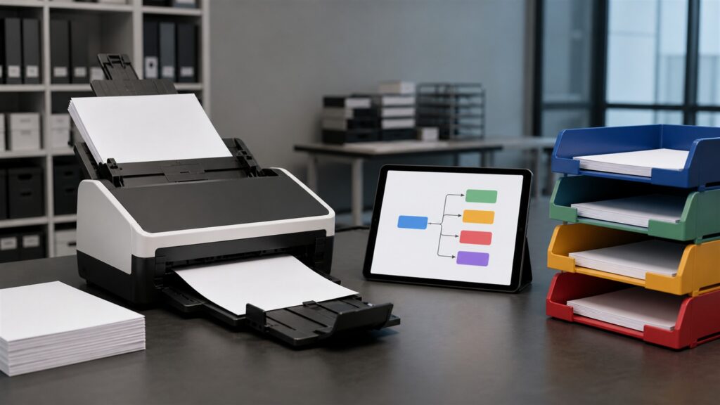 unbranded document scanners, blank paper stacks, and color-coded workflow trays in a professional office for a document workflows buying decision