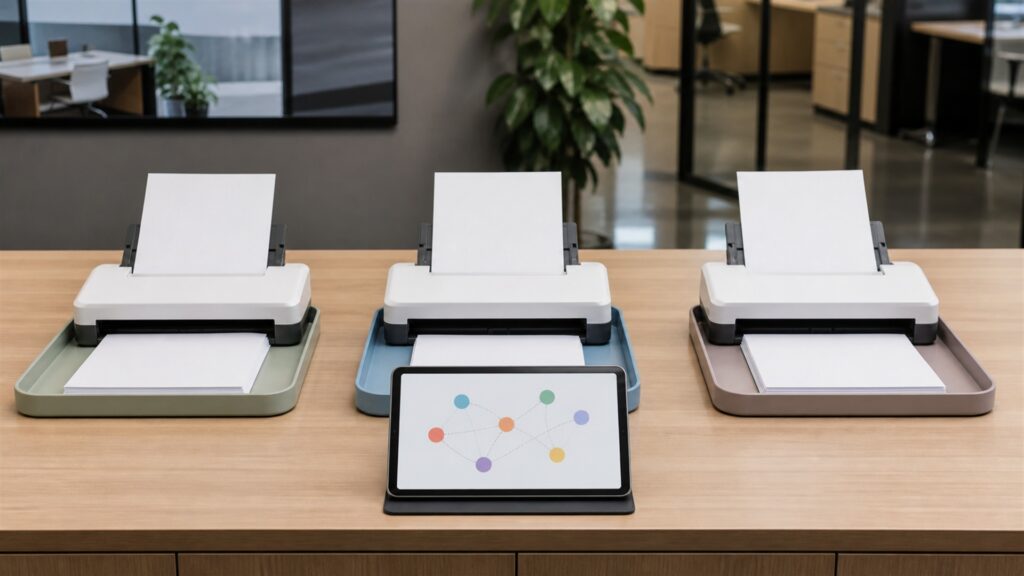 unbranded document scanners, blank paper stacks, and color-coded workflow trays in a professional office for a multi-location businesses buying decision