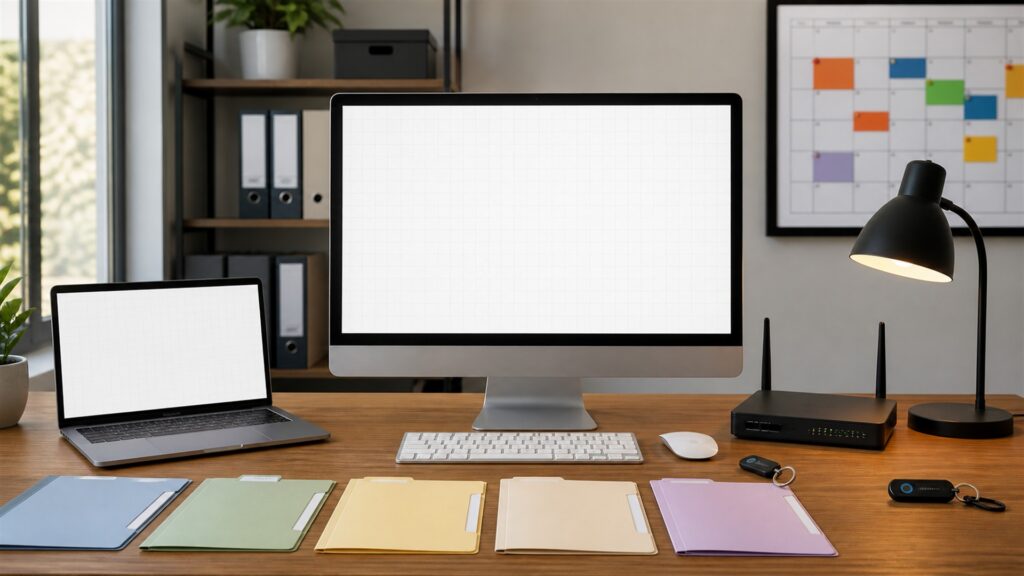 unbranded domain administration workspace with blank portfolio dashboard, network gateway, security key, renewal calendar blocks, and organized domain folders for a domain management buying decision