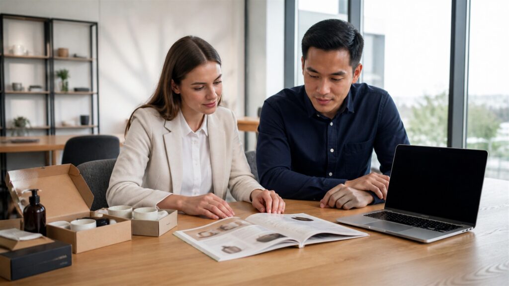 online retail team reviewing unbranded product catalog and order operations on large screens for a b2b sales buying decision