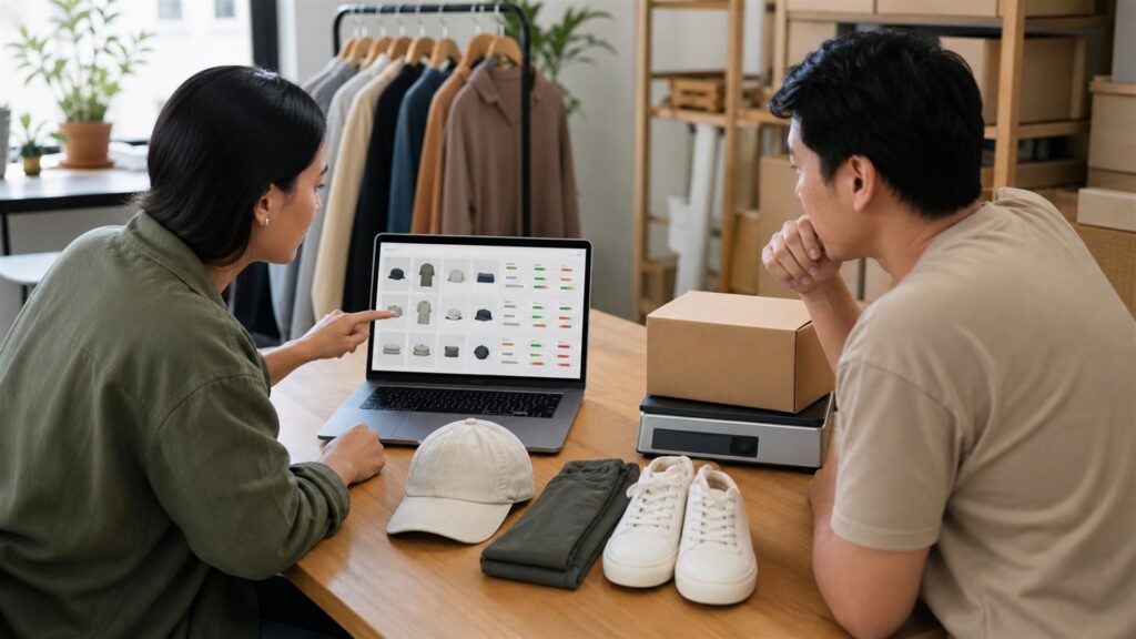 online retail team reviewing unbranded product catalog and order operations on large screens for a dropshipping buying decision