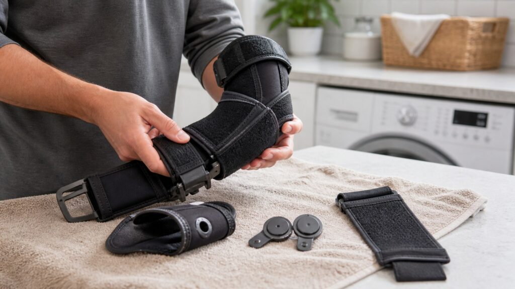 Unbranded elbow braces arranged to compare hinge alignment and closure reach