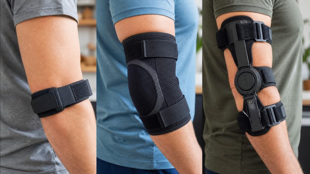 Unbranded elbow braces arranged to compare flexion range and edge comfort