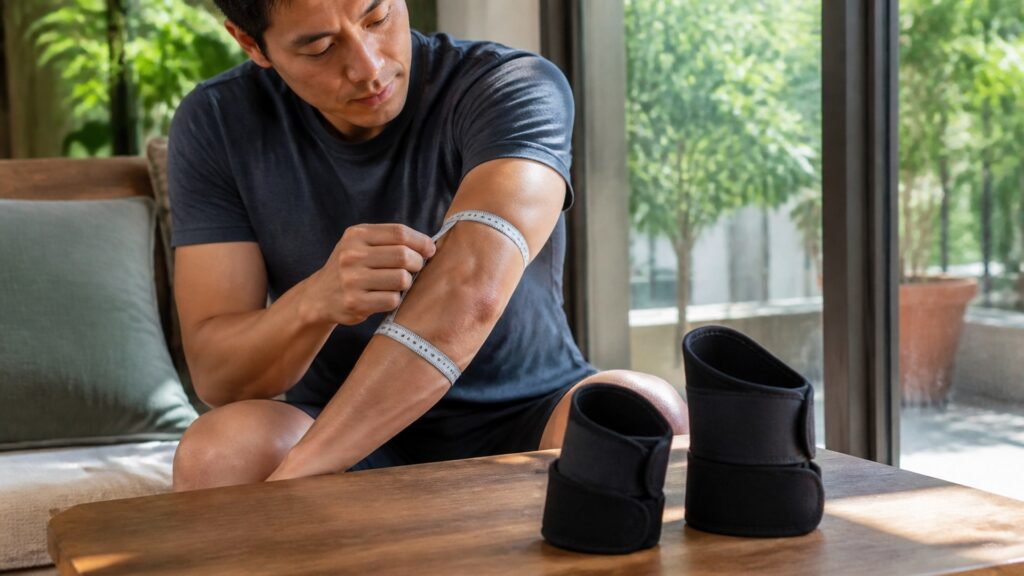 Unbranded elbow braces arranged to compare fabric breathability and upper- and lower-arm circumference