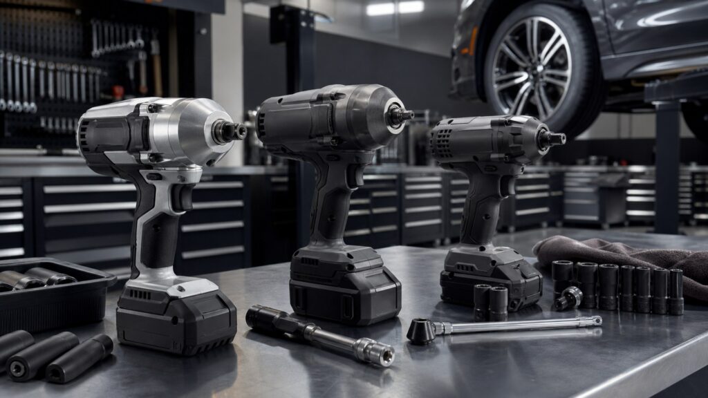 electric impact wrenches shopping setup for professional shop use with practical vehicle-focused details
